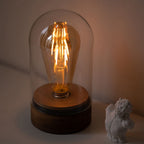 Cordless Glass Cloche Edison Table Lamp with Walnut Base for Bar & Restaurant