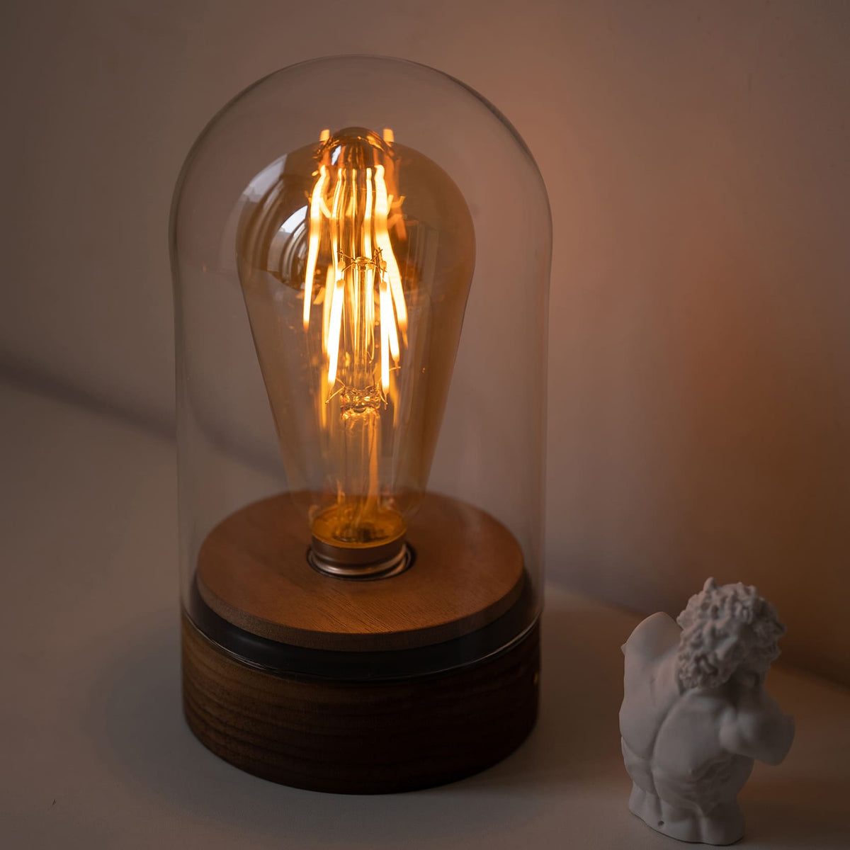 Cordless Glass Cloche Edison Table Lamp with Walnut Base for Bar & Restaurant