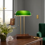 Cordless Green Glass Desk Lamp with Wooden Tray Base