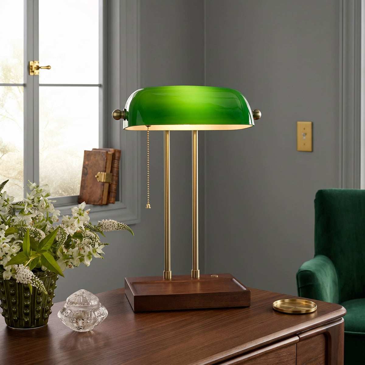 Cordless Green Glass Desk Lamp with Wooden Tray Base