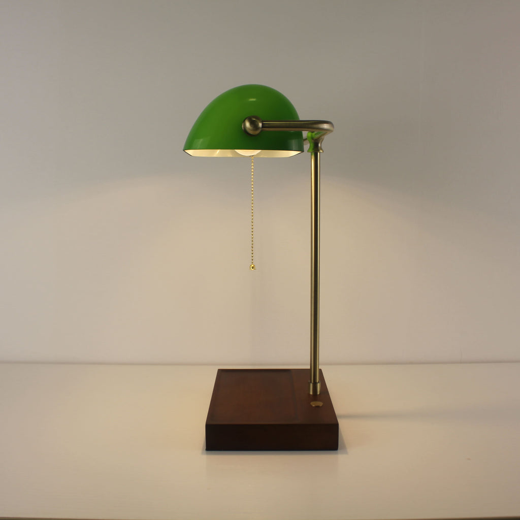 Cordless Green Glass Banker's Lamp with Wooden Tray Base