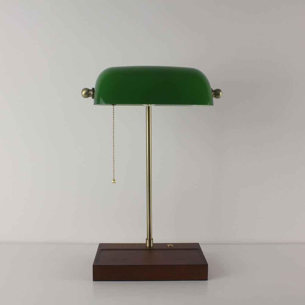 Cordless Green Glass Banker's Lamp with Wooden Tray Base