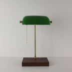 Cordless Green Glass Banker's Lamp with Wooden Tray Base