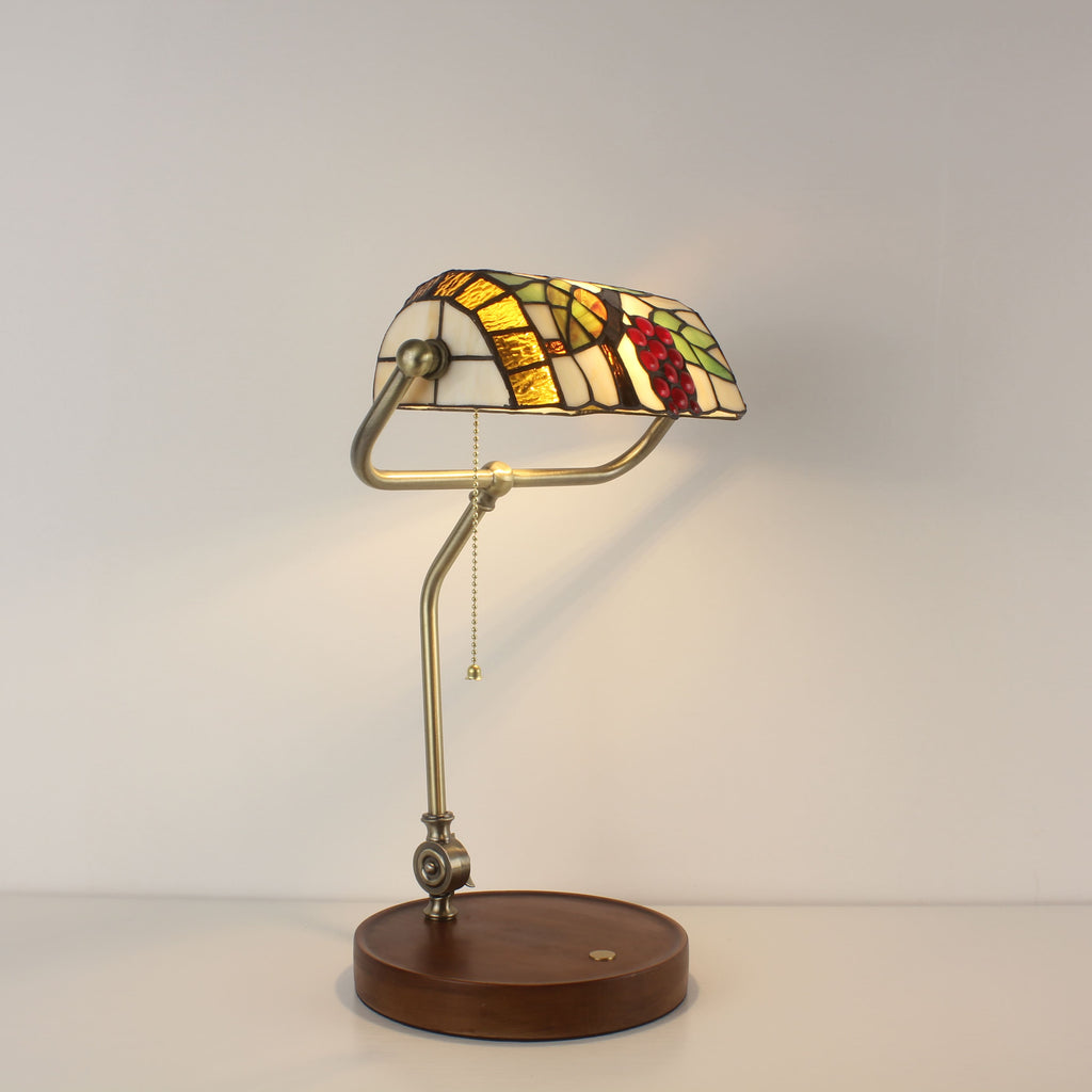 Cordless Tiffany-Style Banker Desk Lamp with Grape Stained Glass Shade