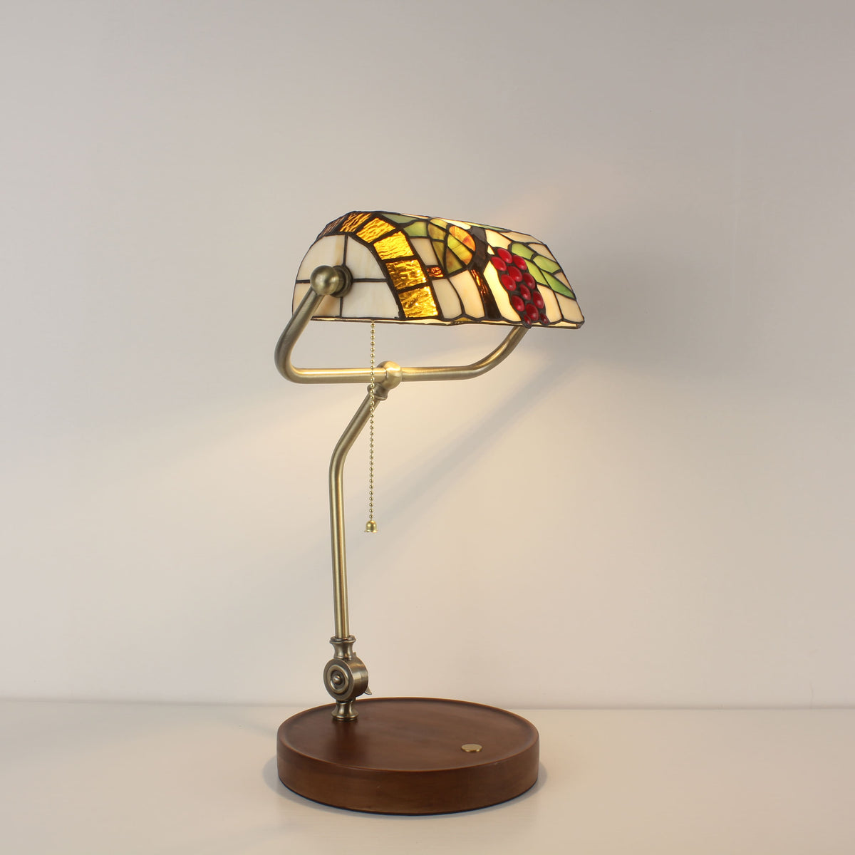 Cordless Tiffany-Style Banker Desk Lamp with Grape Stained Glass Shade