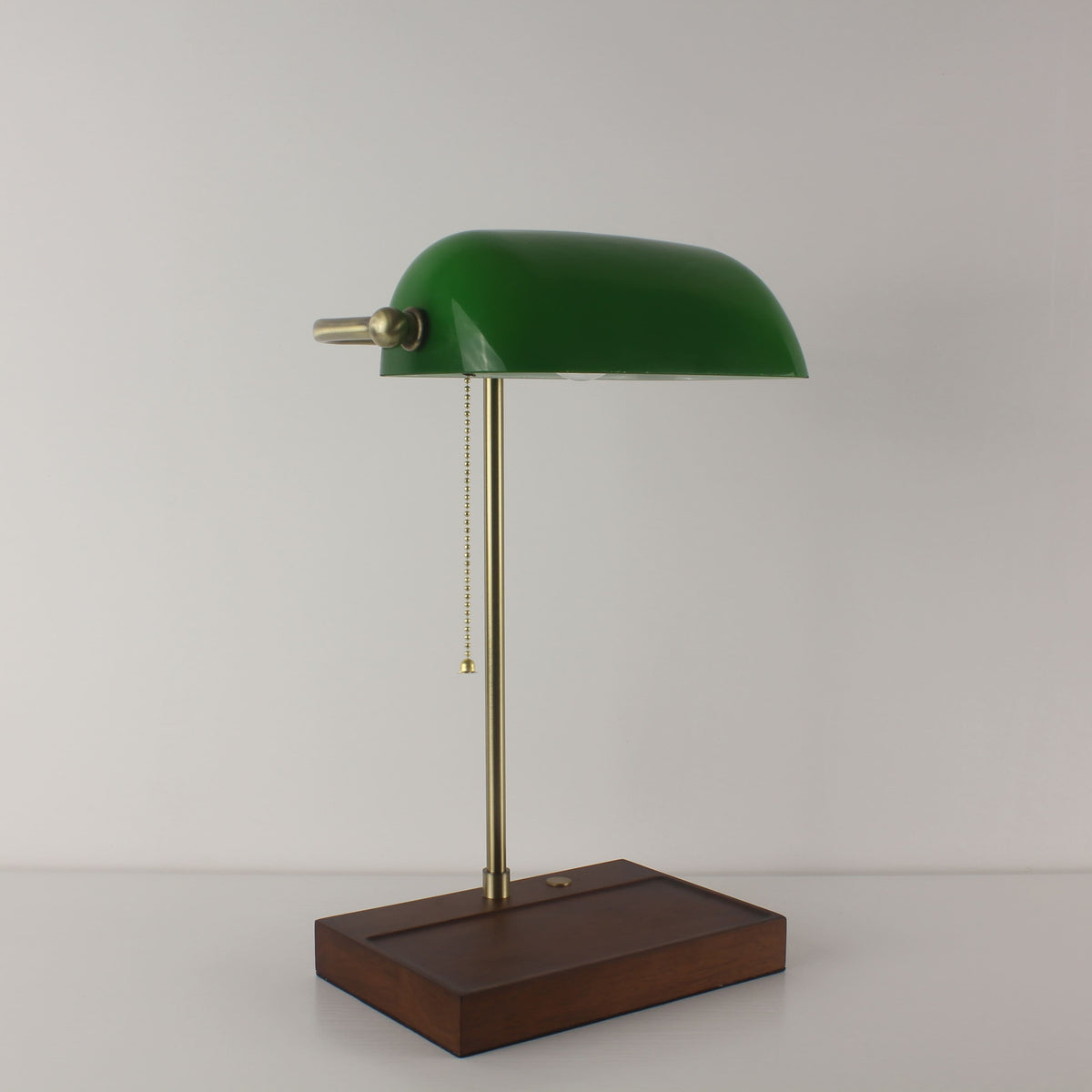 Cordless Green Glass Banker's Lamp with Wooden Tray Base