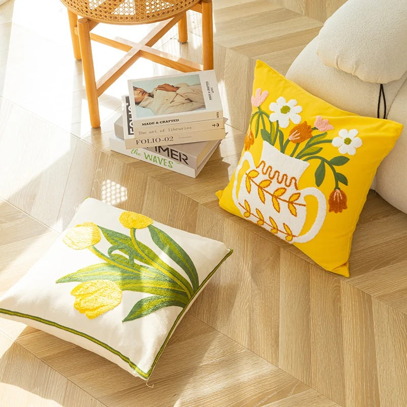 Embroidered Flowers in a Vase Cushion Cover