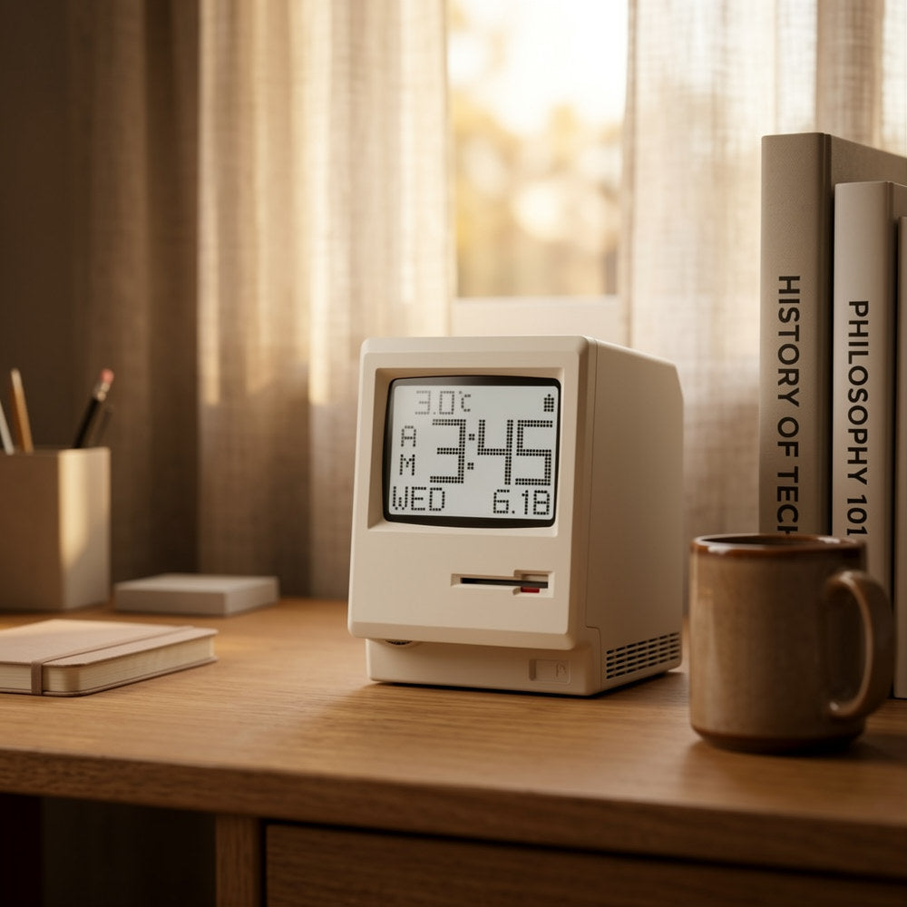 PixelGlow Retro Desk Clock — Vintage Computer Alarm with Ambient Light & 60-Day Battery