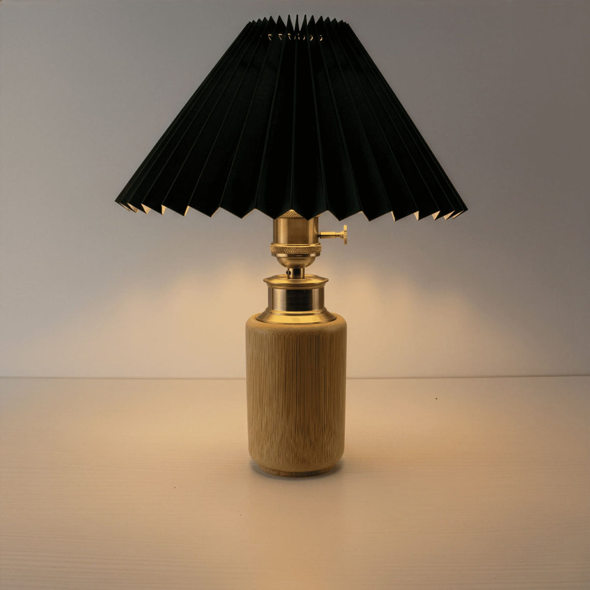 Vintage Cordless Bamboo Table Lamp with Pleated Shade