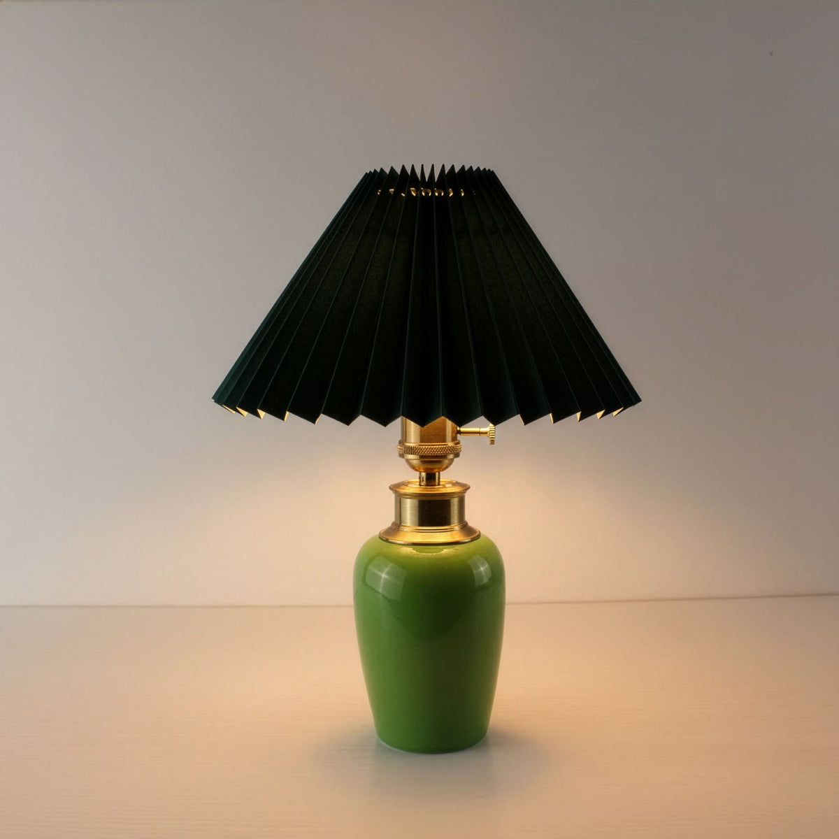 Cordless Vintage Green Ceramic Table Lamp with Pleated Shade