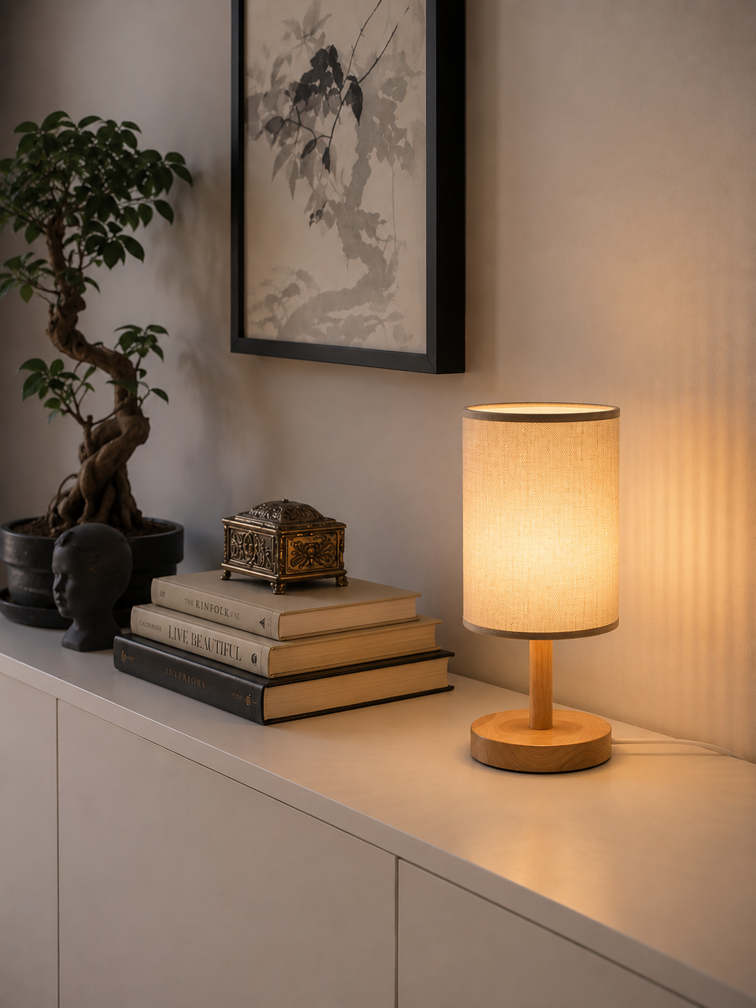 LinenGlow — Minimalist Bedside Lamp with Wood Base