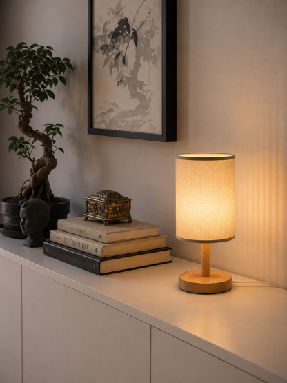 LinenGlow — Minimalist Bedside Lamp with Wood Base