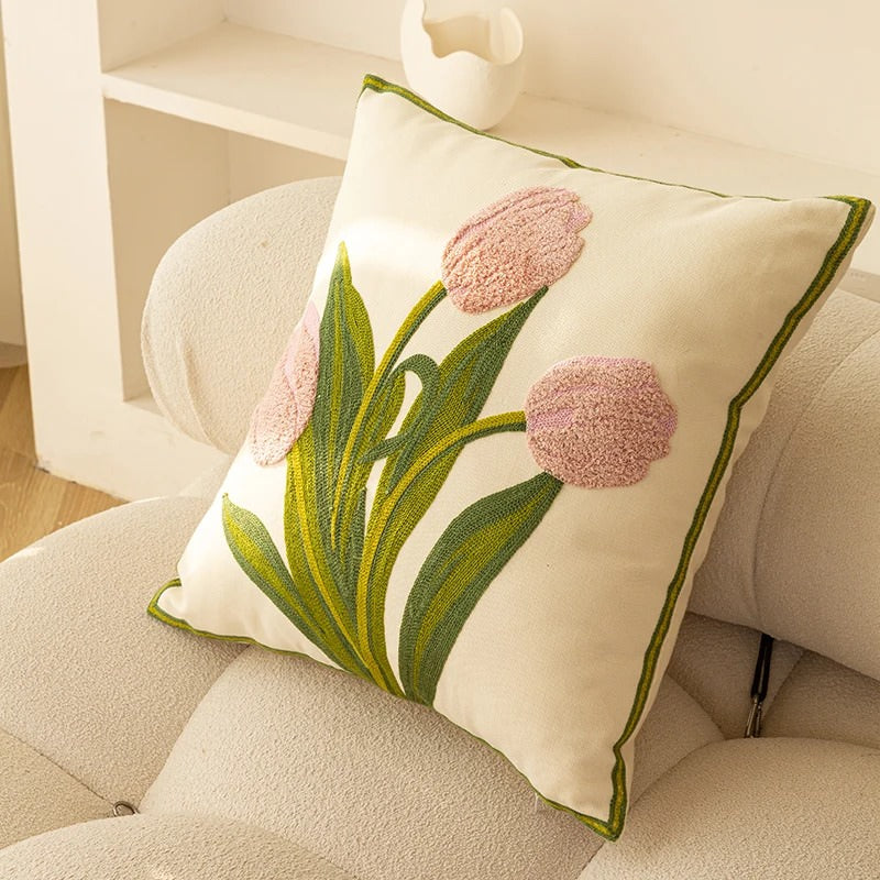 Embroidered Colorful Tulips Cushion Cover