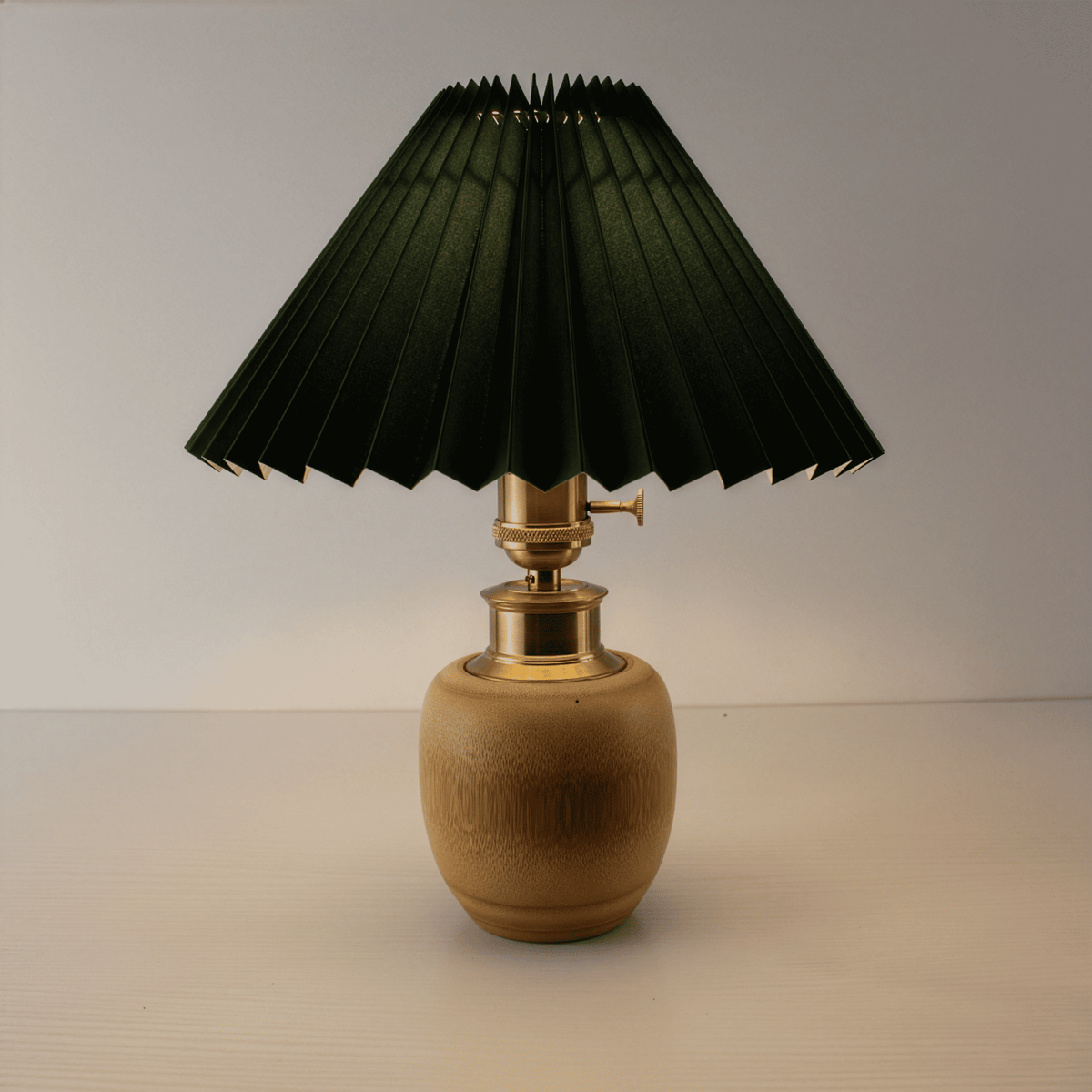 Vintage Cordless Bamboo Jar Table Lamp with Pleated Shade