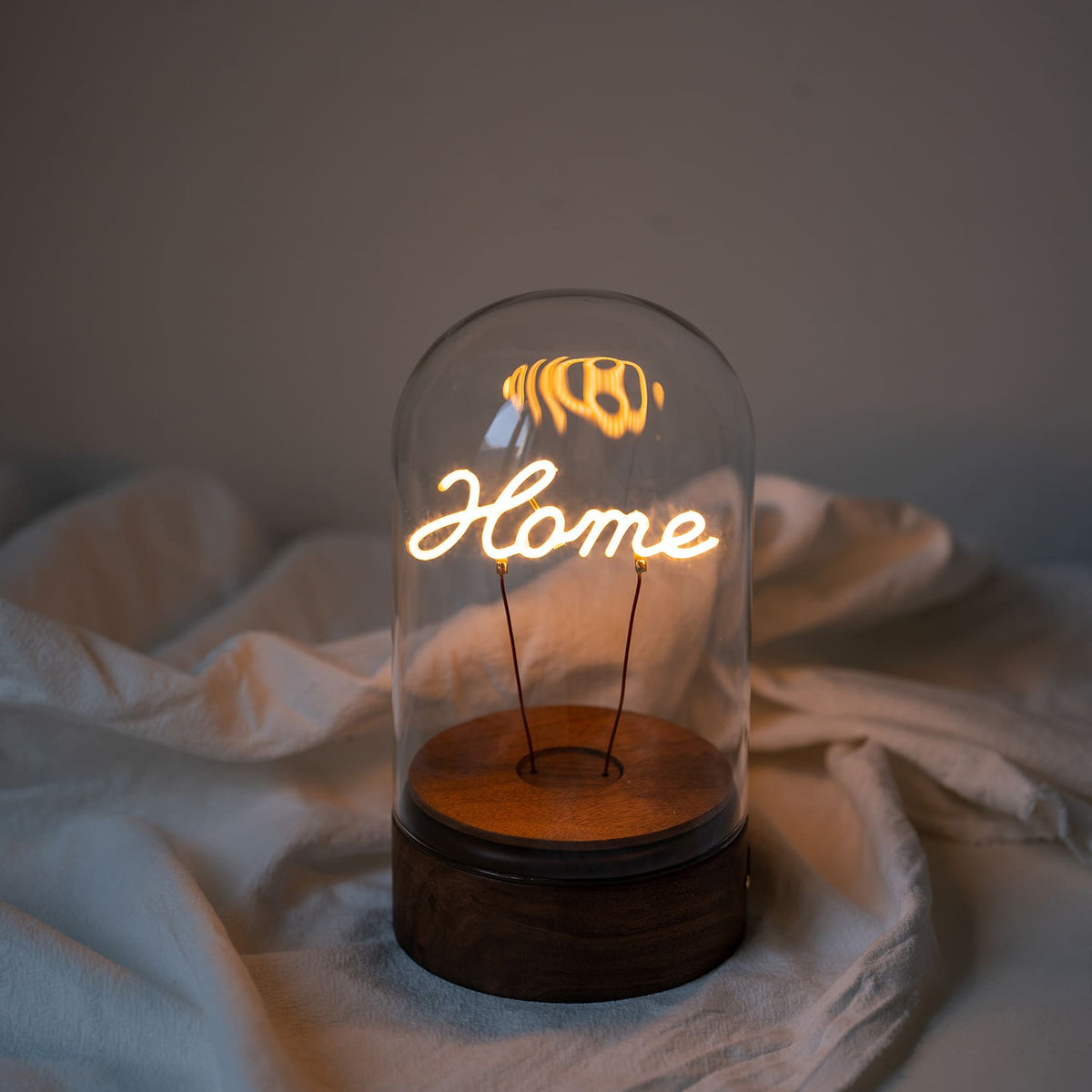 Rechargeable Glass Dome Text Edison Lamp with Walnut Base for Home & Gifts