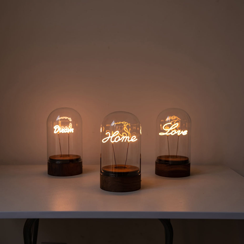 Rechargeable Glass Dome Text Edison Lamp with Walnut Base for Home & Gifts