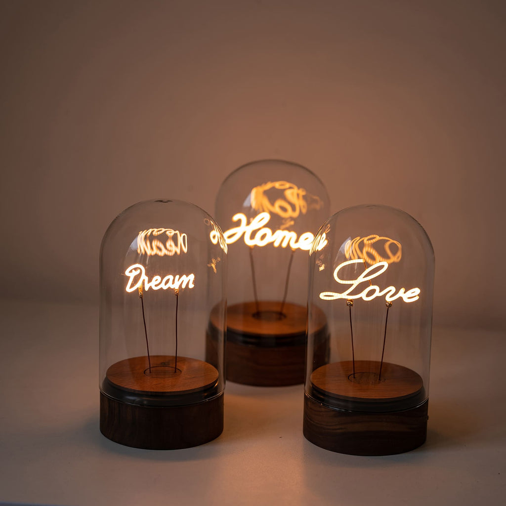 Rechargeable Glass Dome Text Edison Lamp with Walnut Base for Home & Gifts