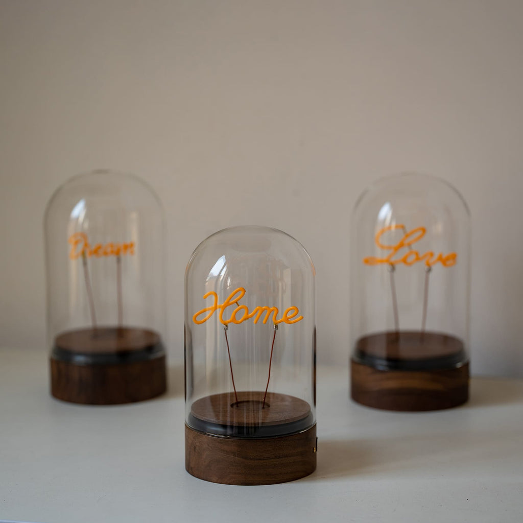 Rechargeable Glass Dome Text Edison Lamp with Walnut Base for Home & Gifts