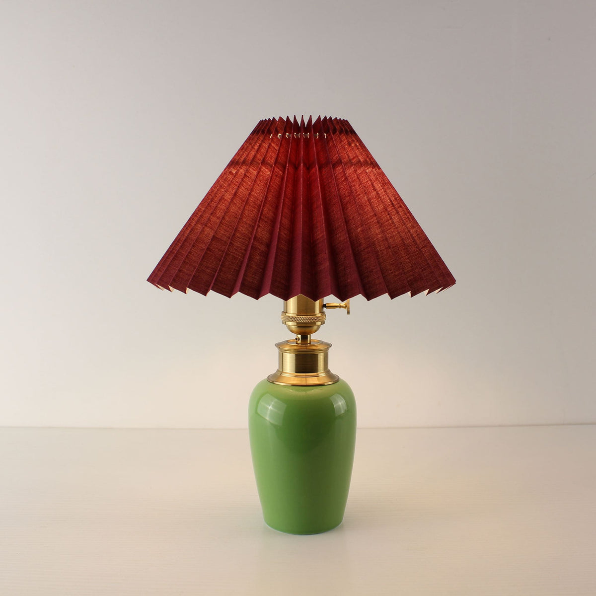 Cordless Vintage Green Ceramic Table Lamp with Pleated Shade