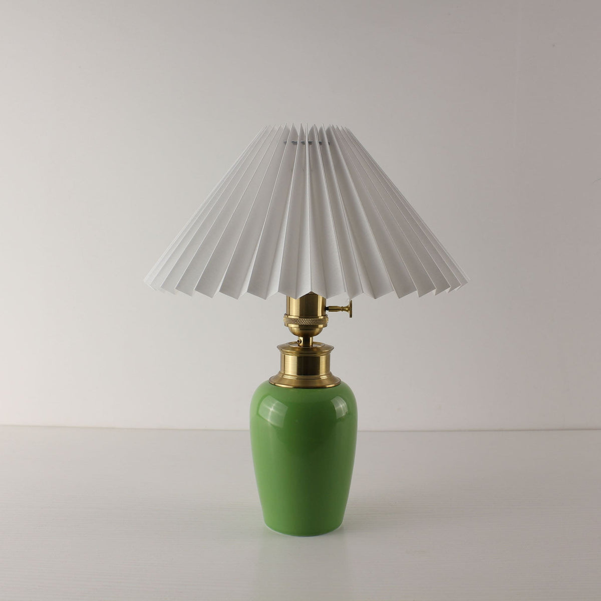 Cordless Vintage Green Ceramic Table Lamp with Pleated Shade