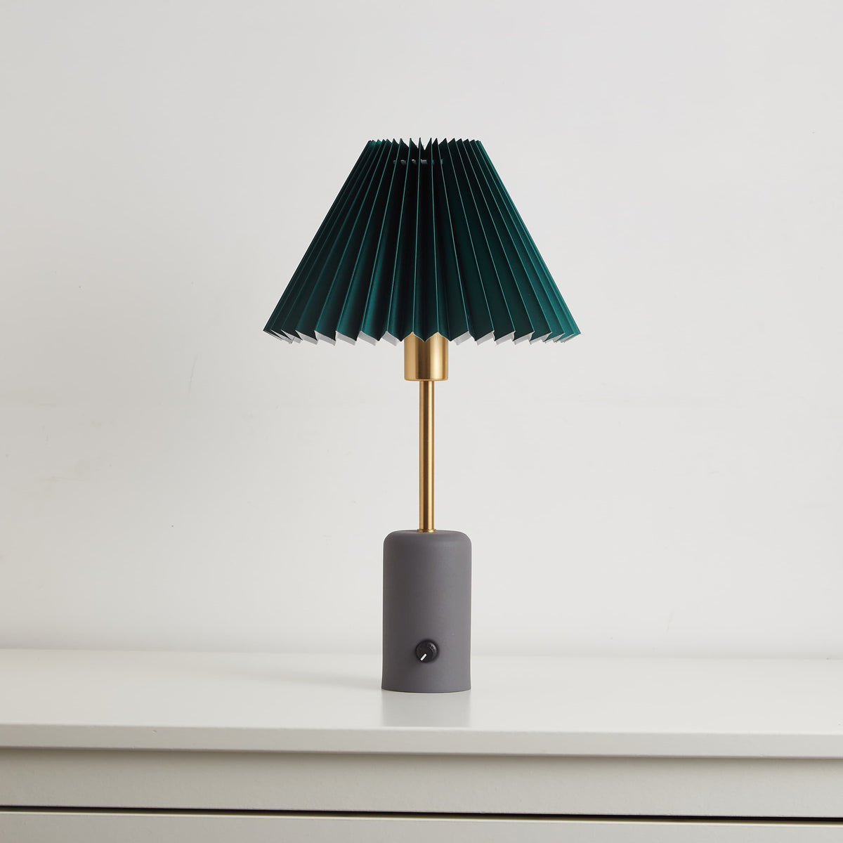 Small Cordless Table Lamp with Gray Base and Pleated Shade