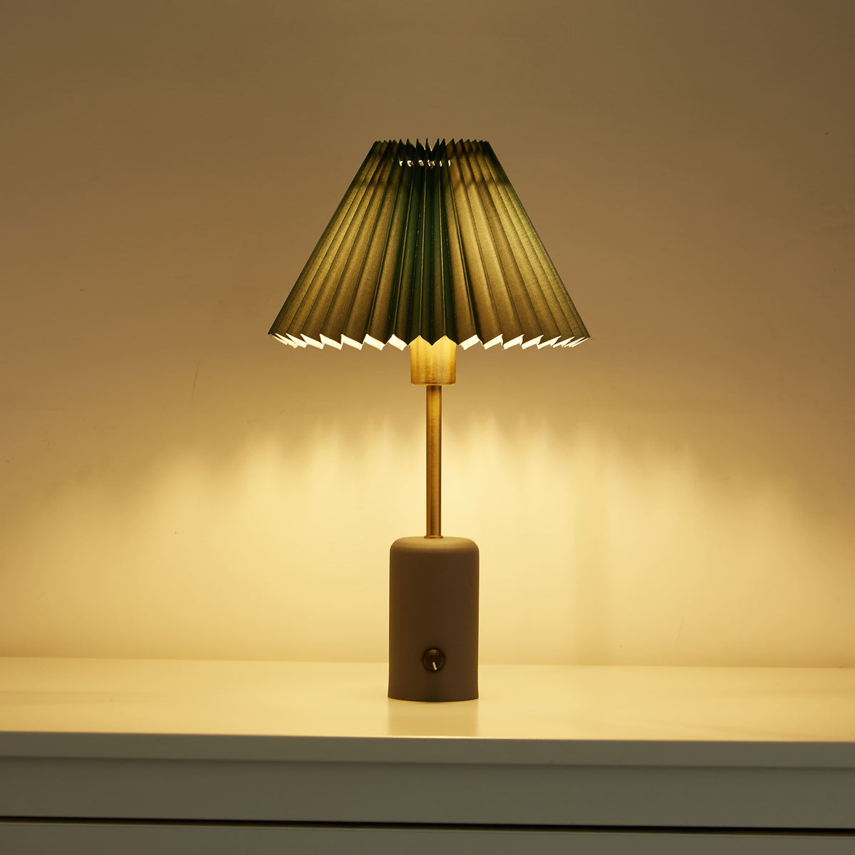Small Cordless Table Lamp with Gray Base and Pleated Shade