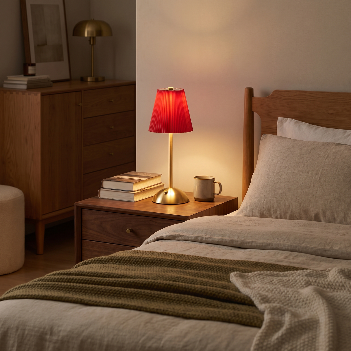 Pleated Cordless Table Lamp on a bedside table