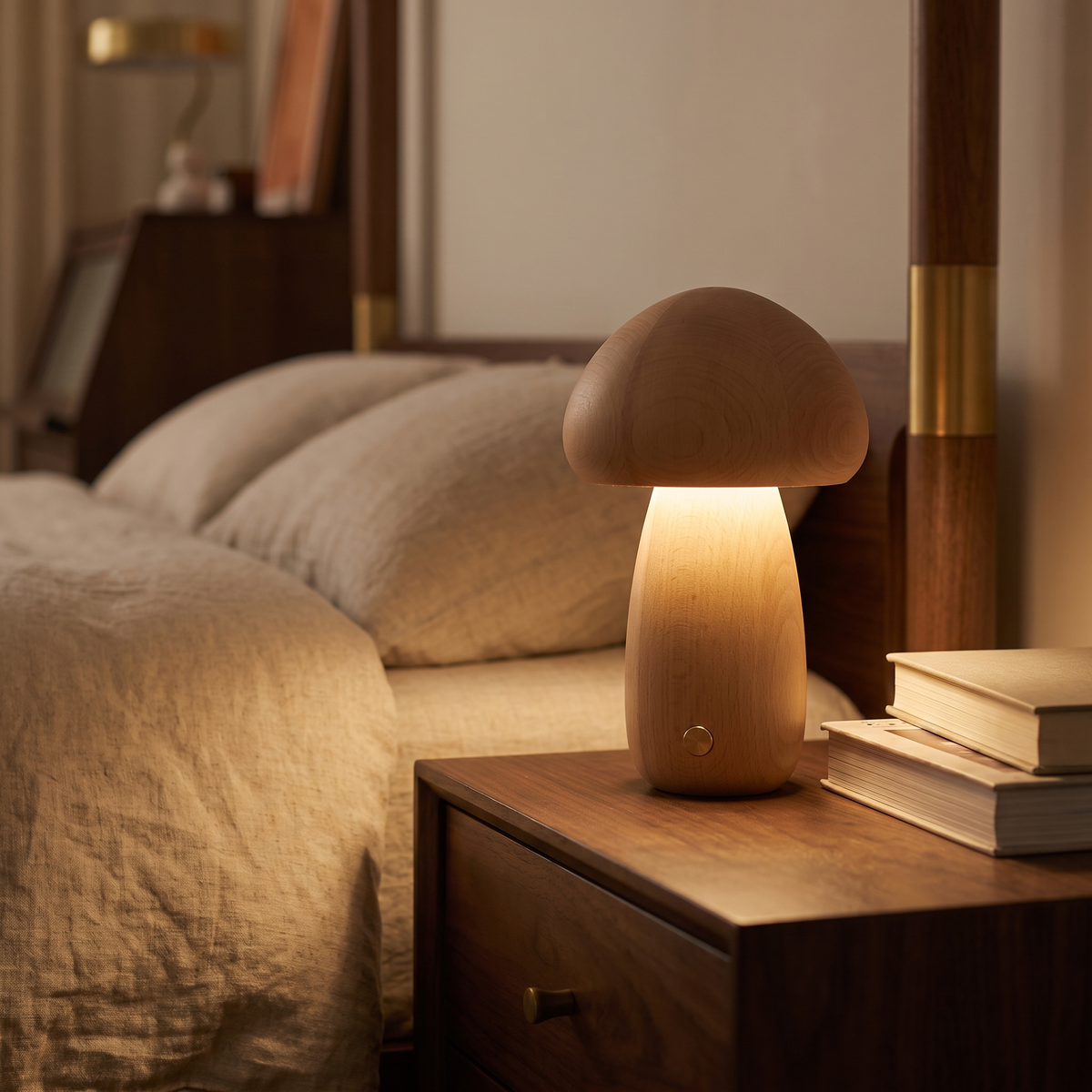 Wooden Mushroom Night Lamp in a cozy home