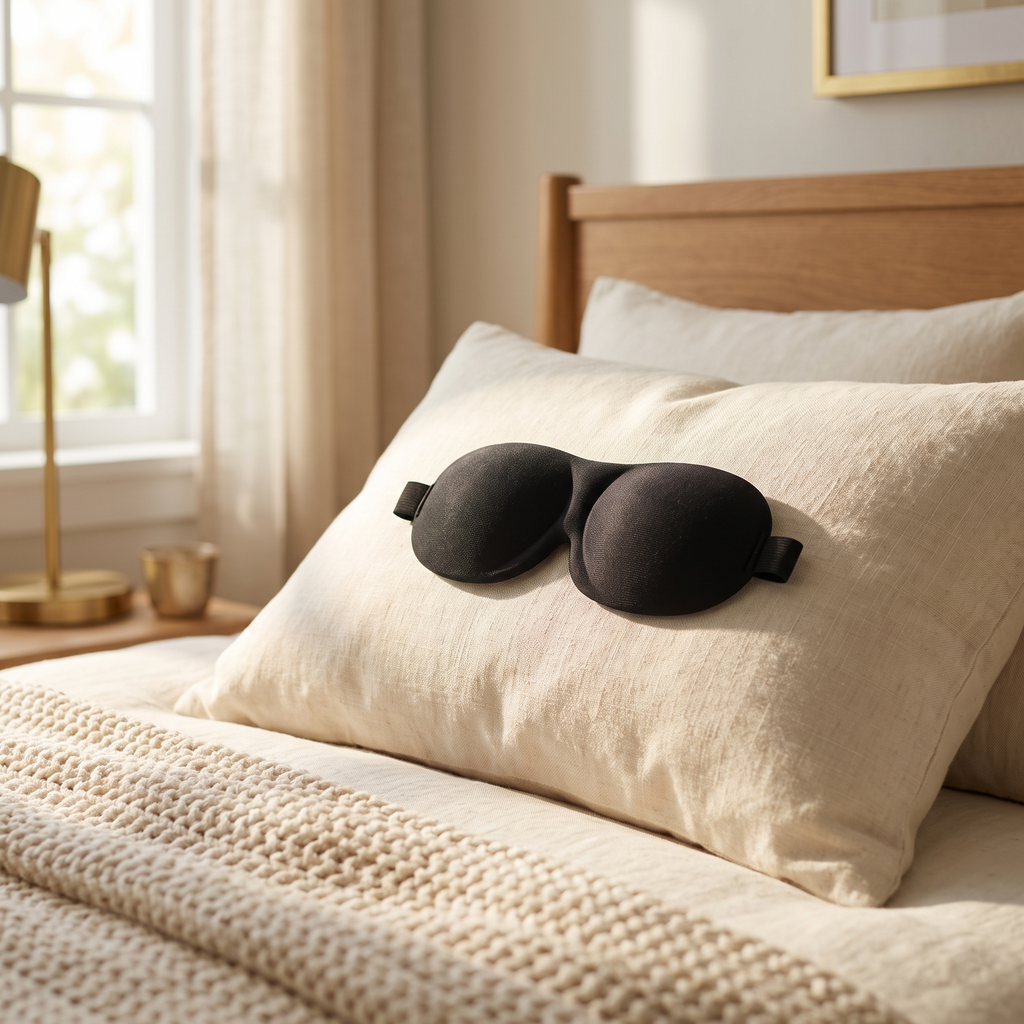 3D Contoured Sleep Mask in a cozy home