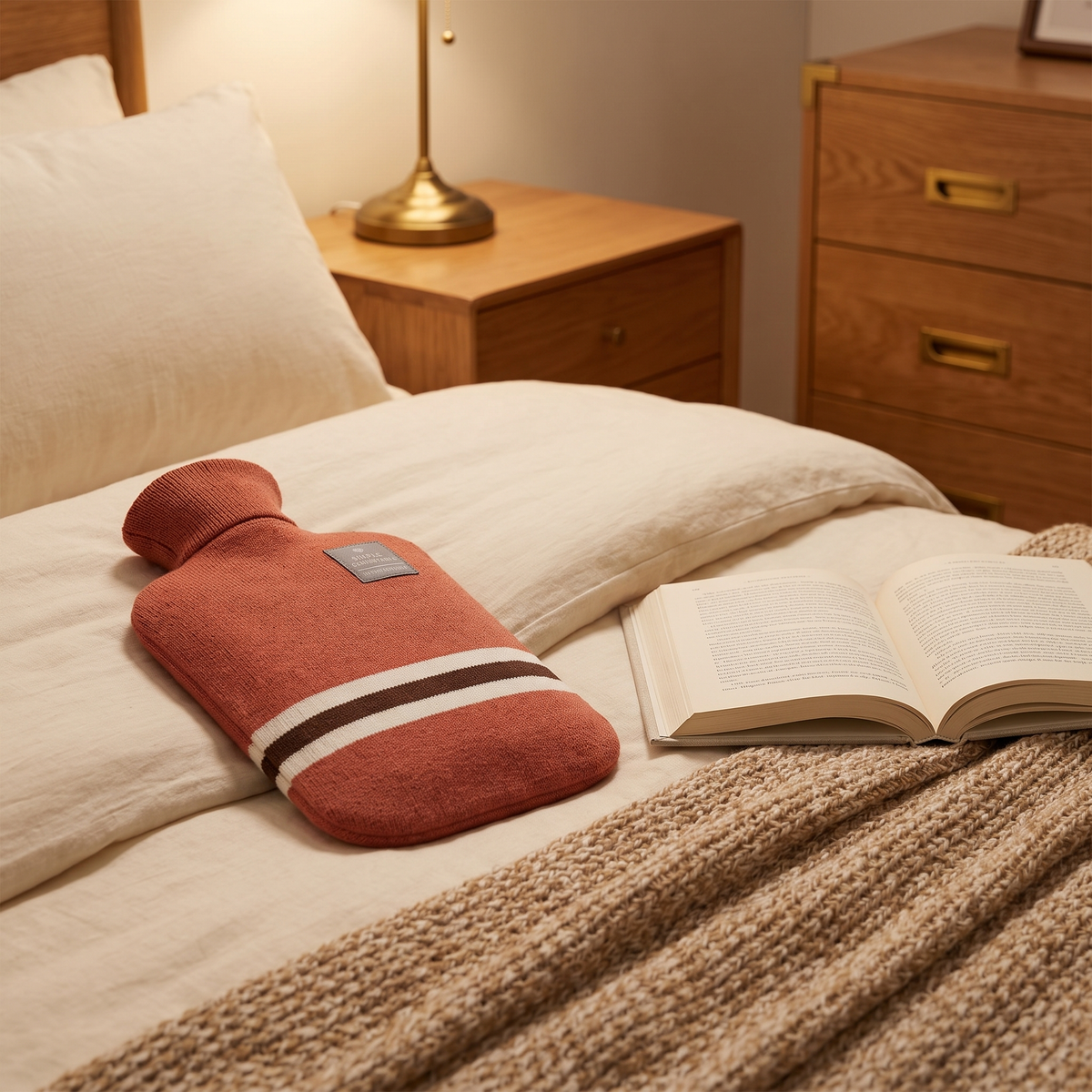 Hot Water Bottle with Knitted Cover in a cozy home