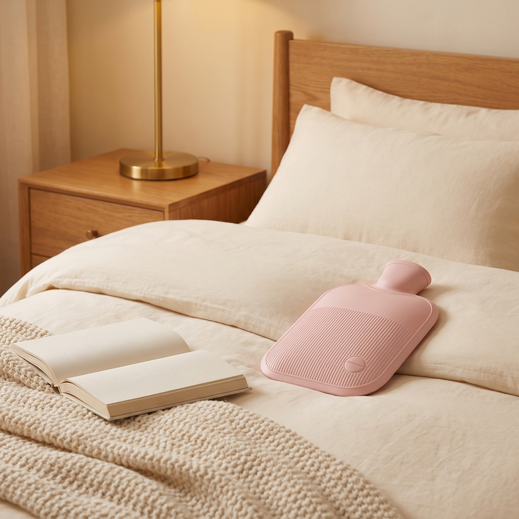 Hot Water Bottle with Soft Cover, 1 L in a cozy home
