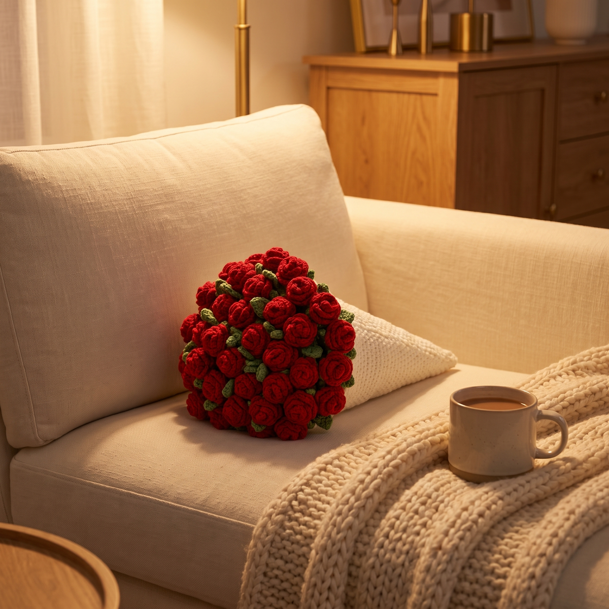 Knitted Rose Bouquet Blanket in a cozy home