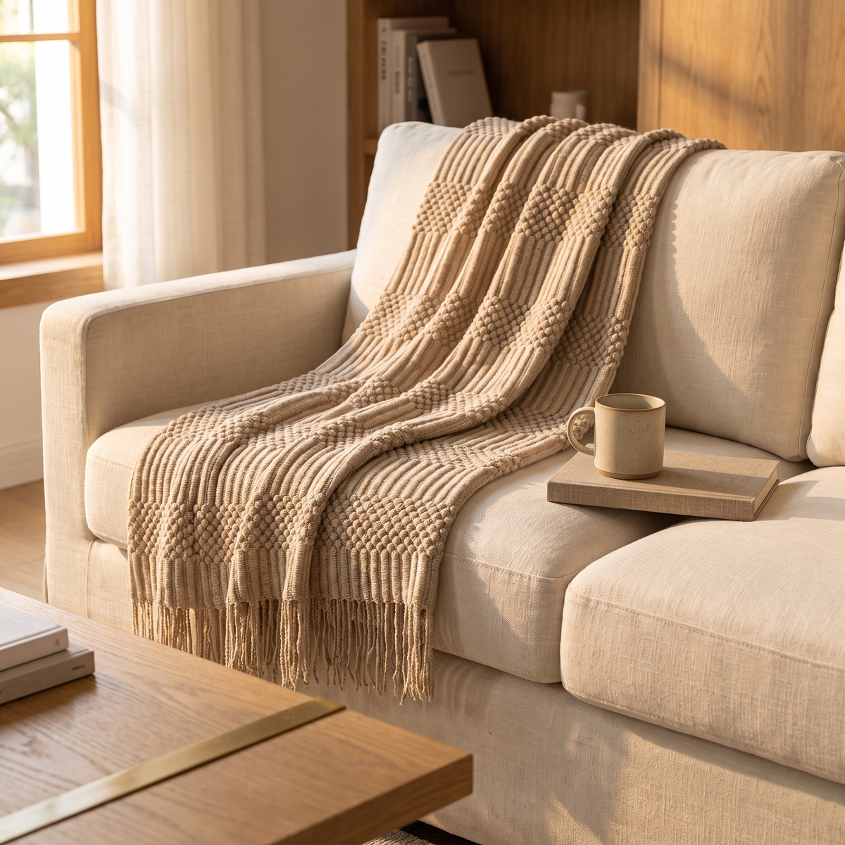 Chunky Knit Throw with Tassels in a cozy home
