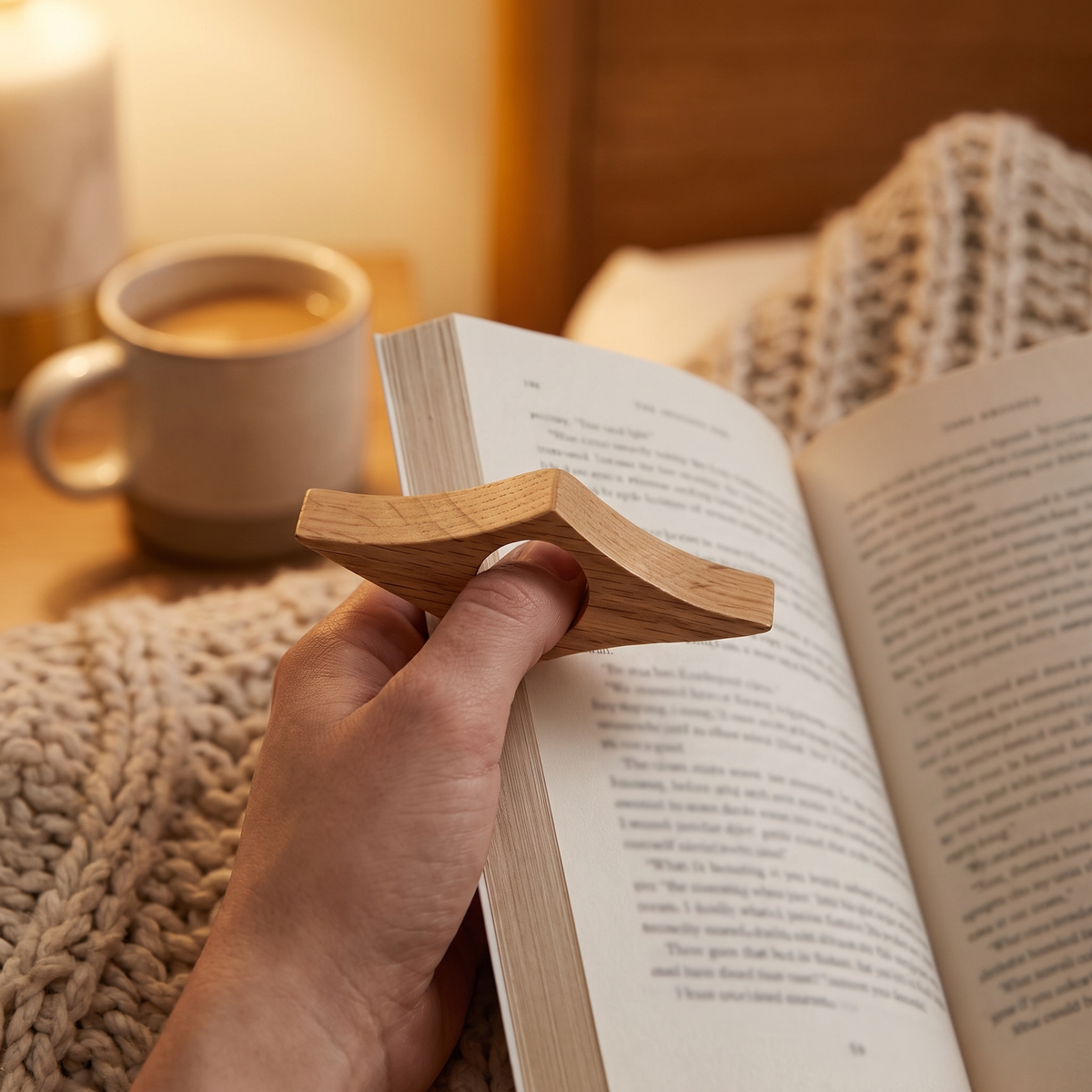 Wooden Thumb Page Holder in a cozy home