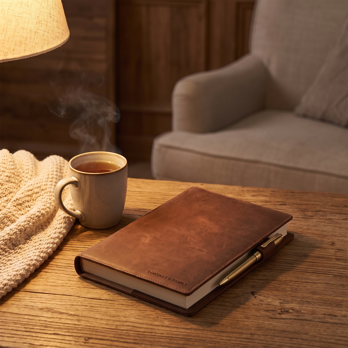 Leather Book Cover with Pen Holder in a cozy home
