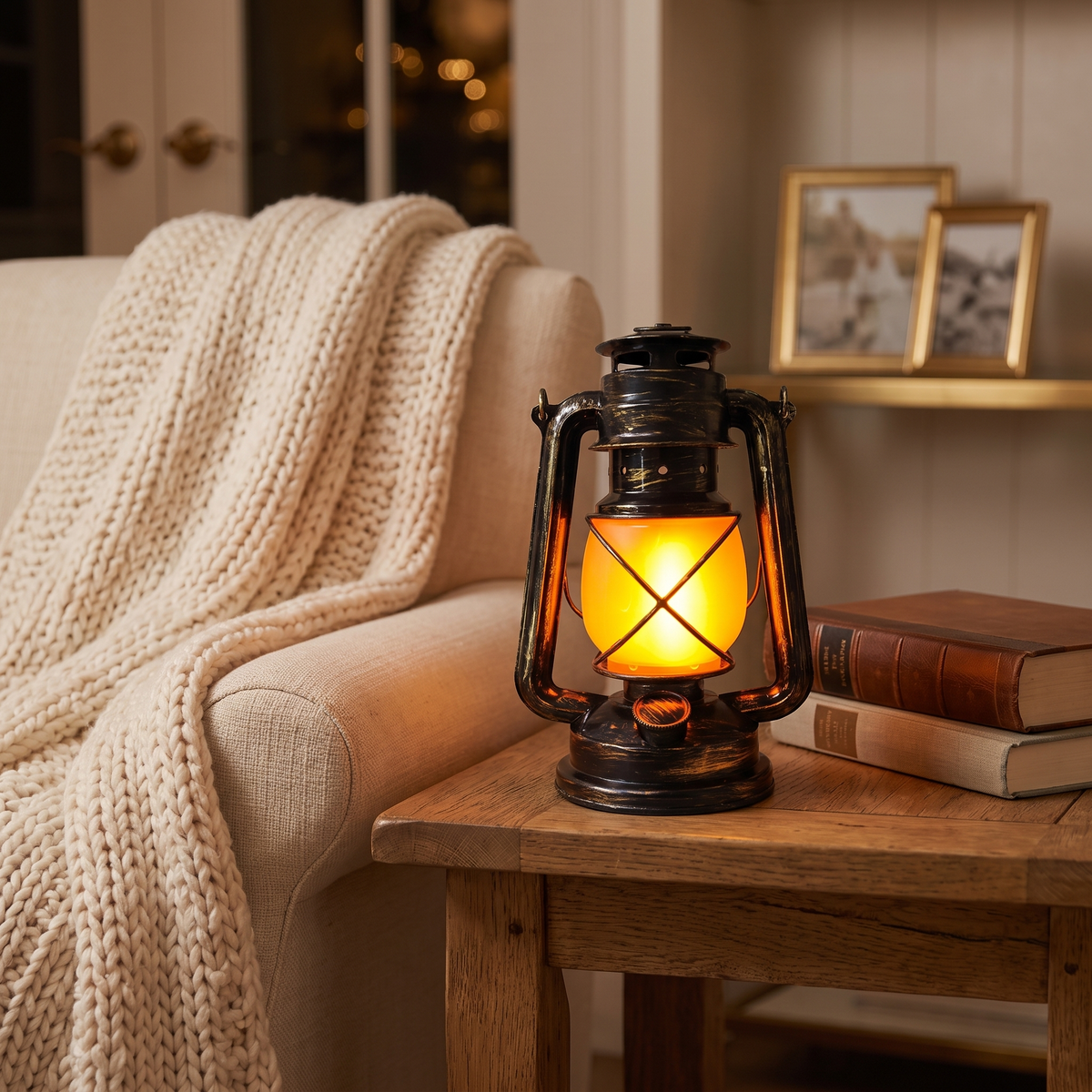 Vintage Flame Lantern, Rechargeable in a cozy home