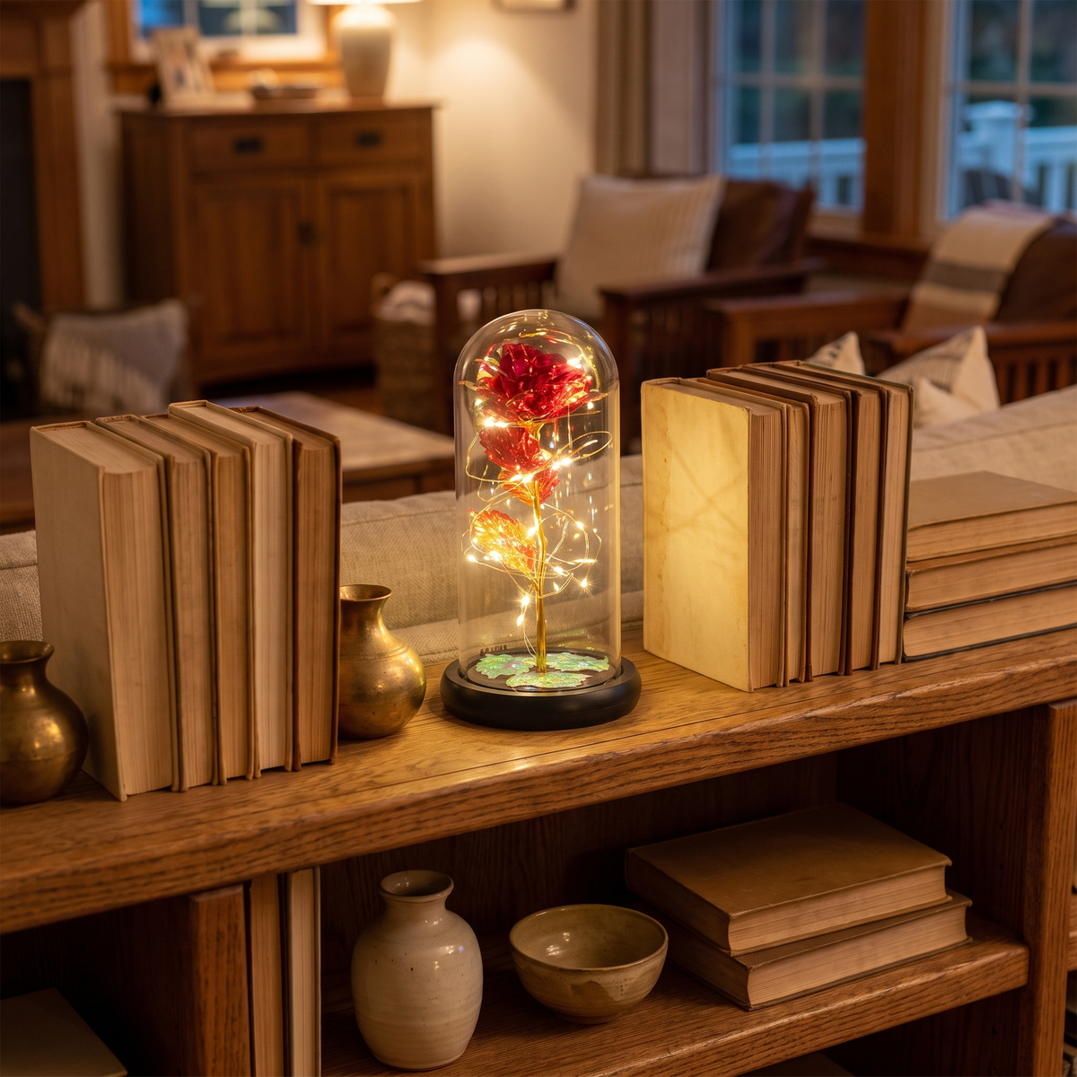 Light-Up Rose in Glass Dome in a cozy home