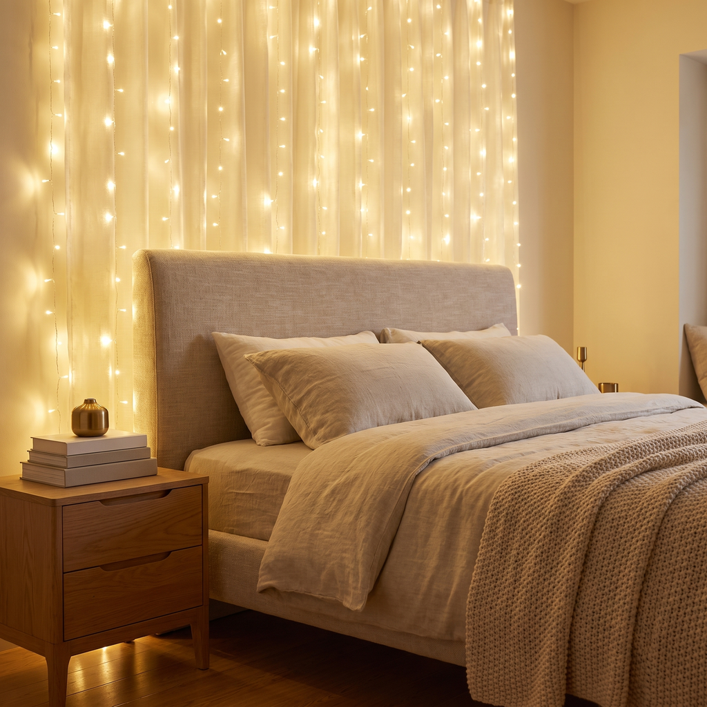 Fairy Curtain Lights with Remote in a cozy home