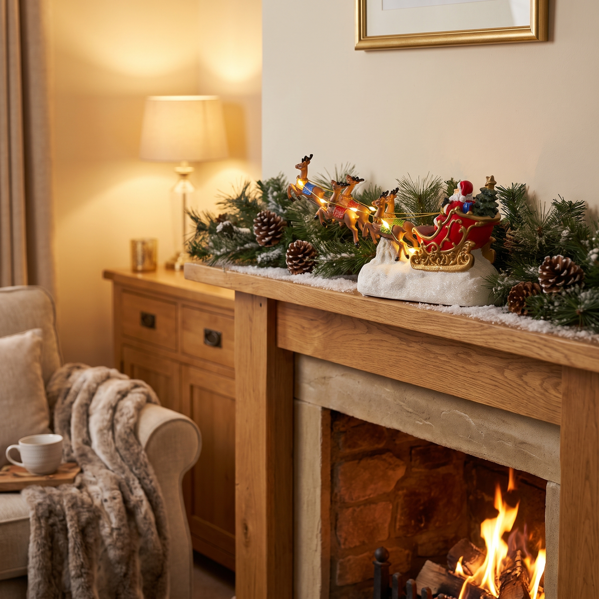 Santa's Sleigh with Reindeer, Light-Up in a cozy home