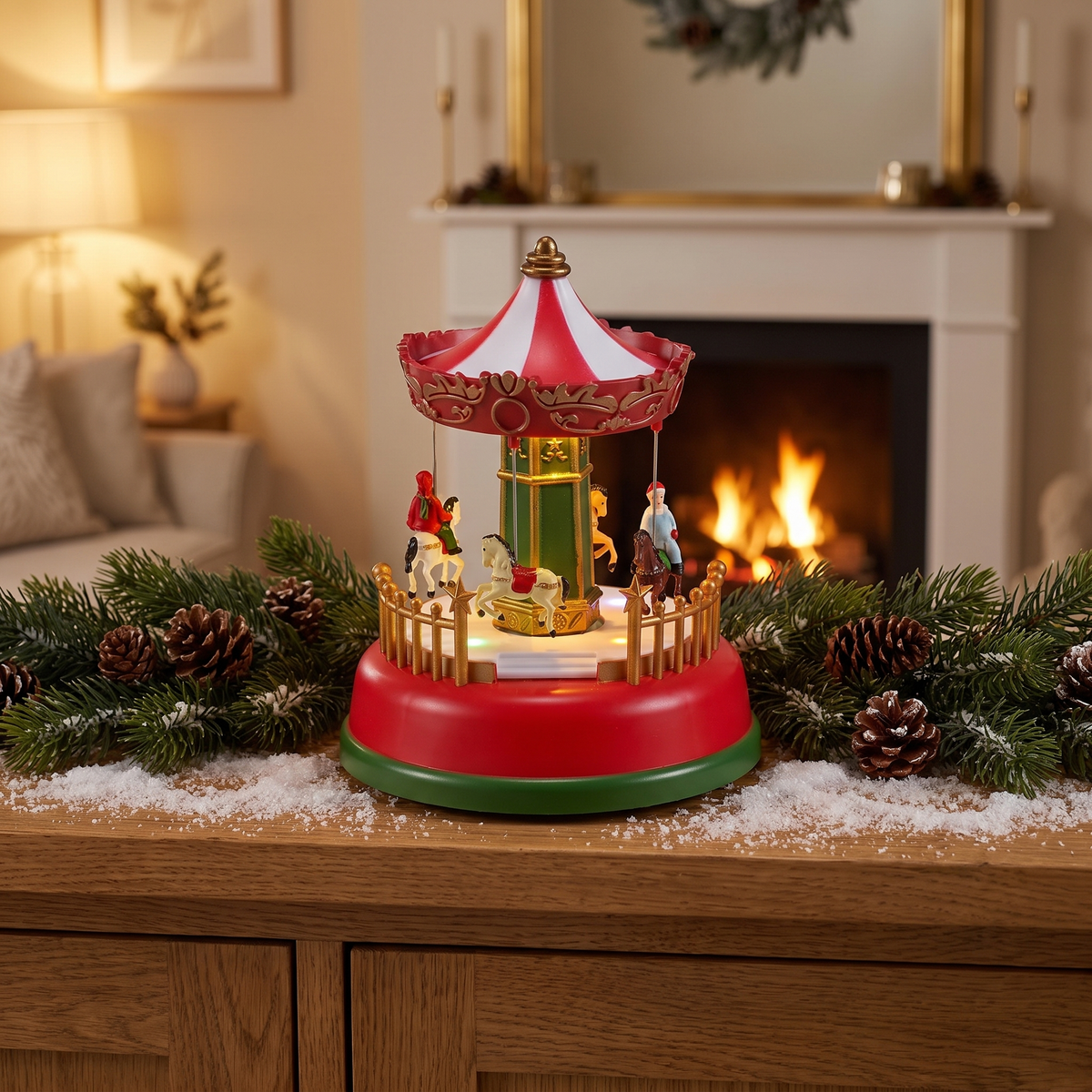 Light-Up Christmas Carousel in a cozy home