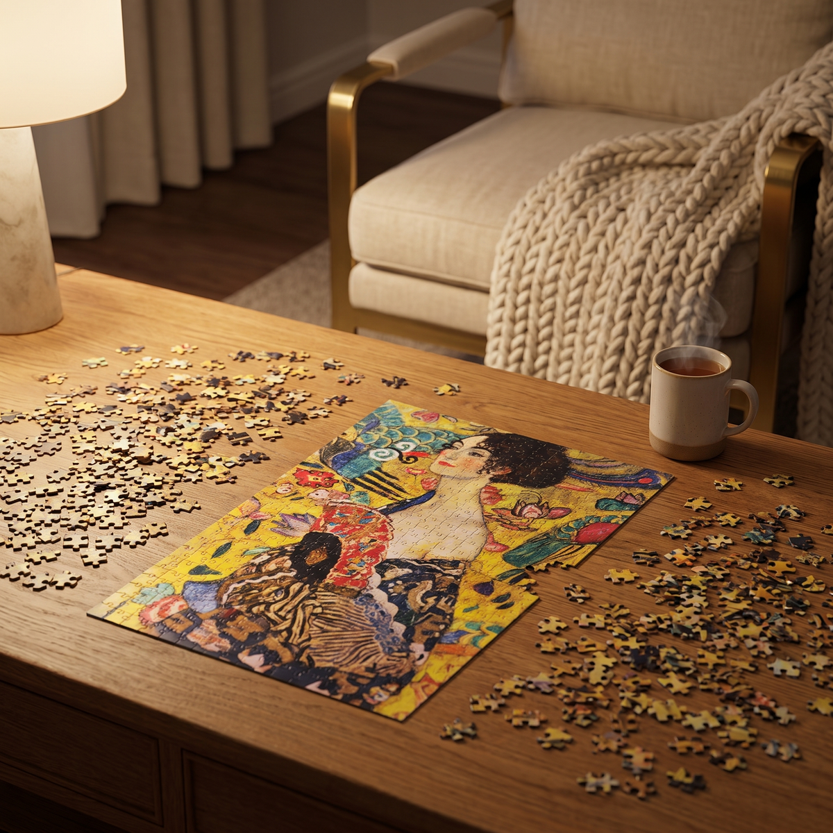 1000-Piece Puzzle: Klimt, Lady with a Fan in a cozy home
