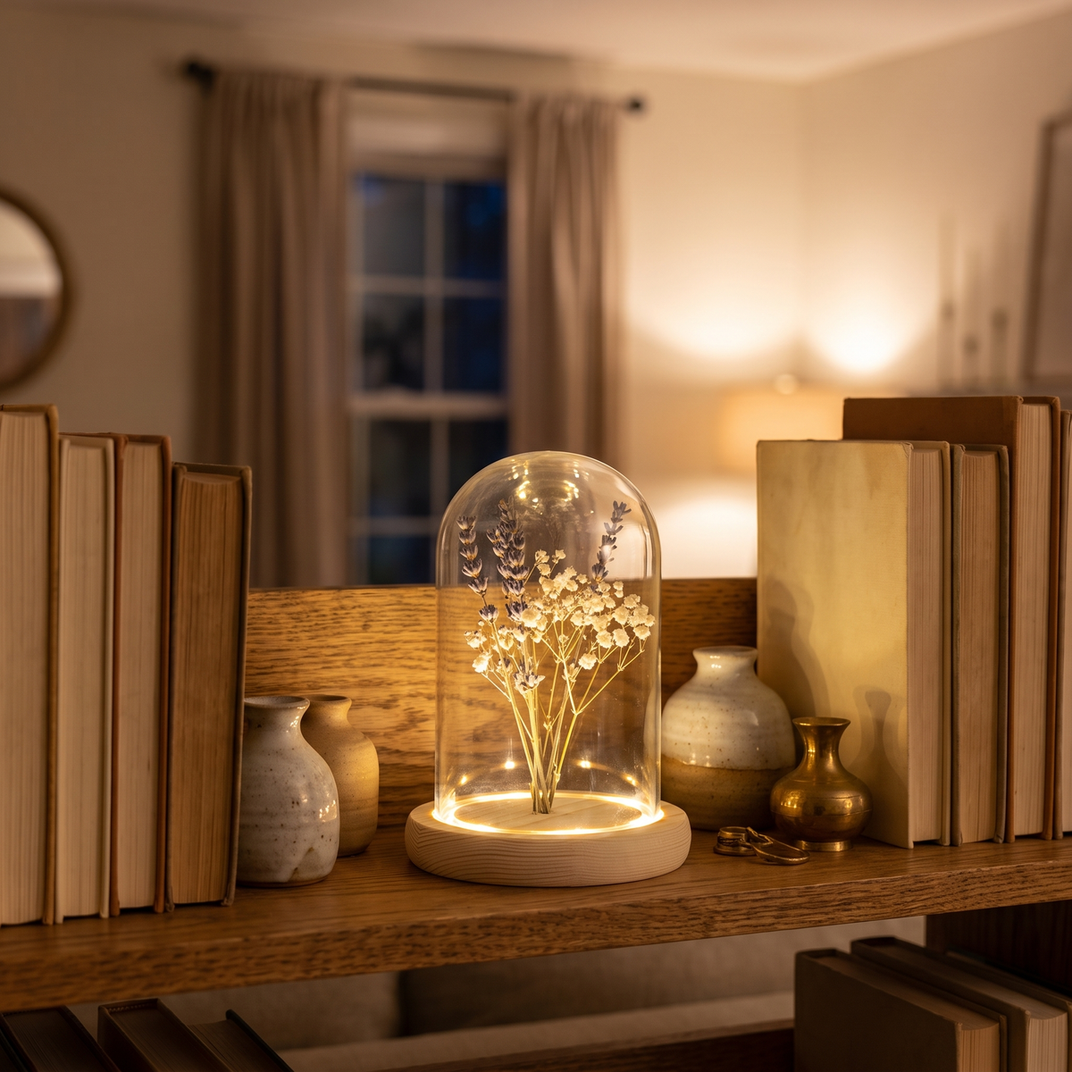 Glass Dome with Light-Up Wood Base in a cozy home