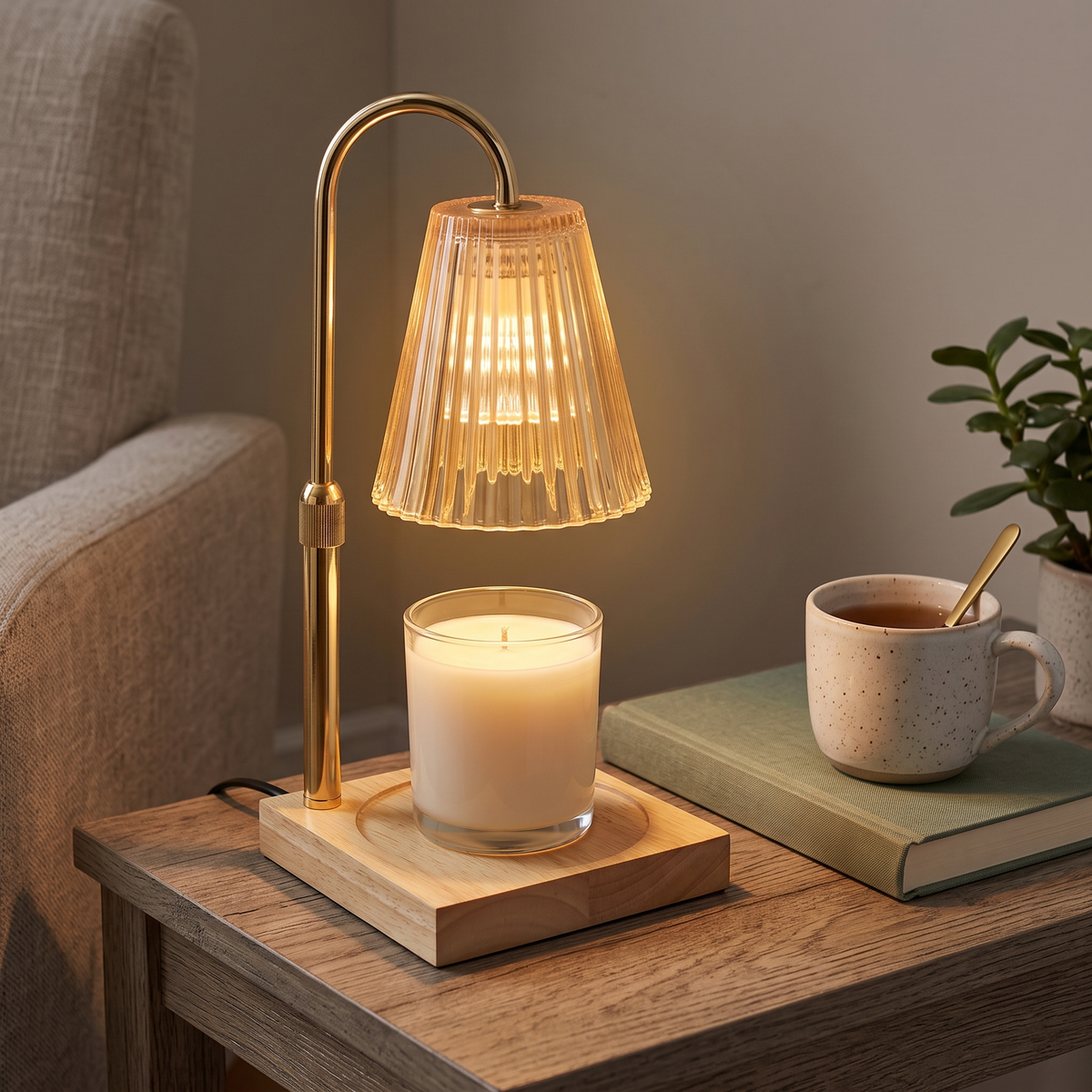 Candle Warmer Lamp with Wooden Tray in a cozy home