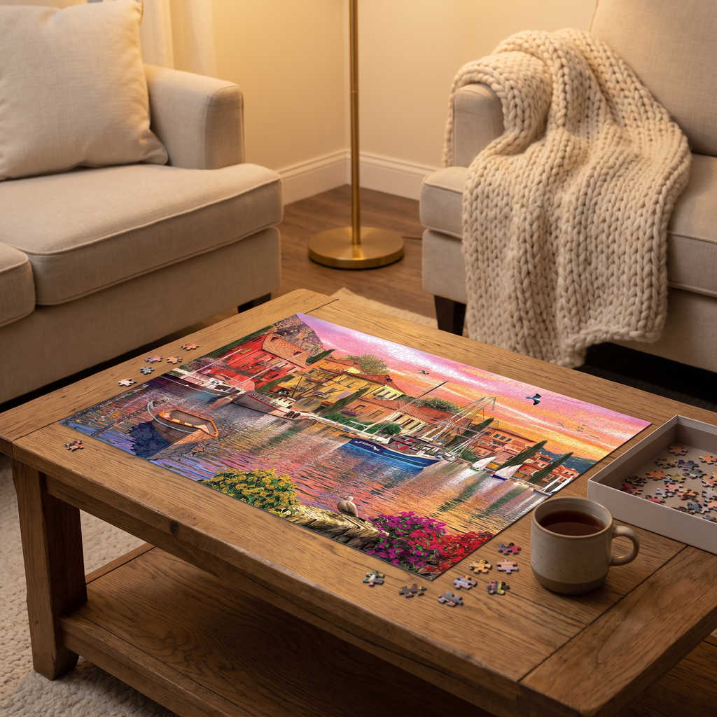 1000-Piece Puzzle: Mediterranean Harbor in a cozy home