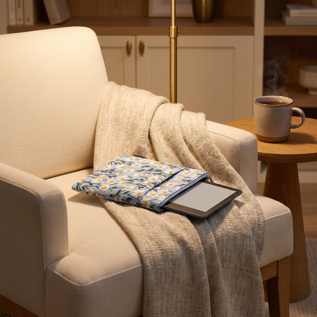Embroidered E-Reader Sleeve in a cozy home