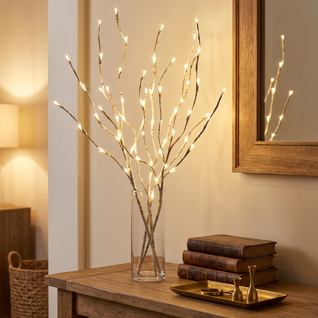 Lighted Birch Branches in a cozy home