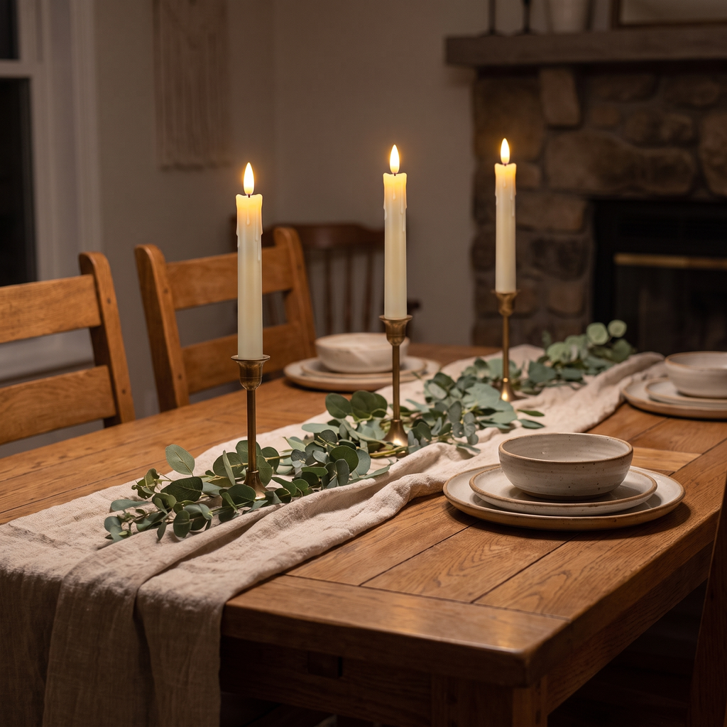 Flameless Taper Candles, 7 in, Set of 3 in a cozy home