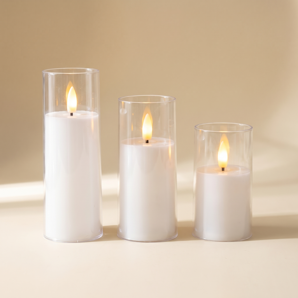 Clear Acrylic Flameless Candles, Set of 3 — White, with Remote