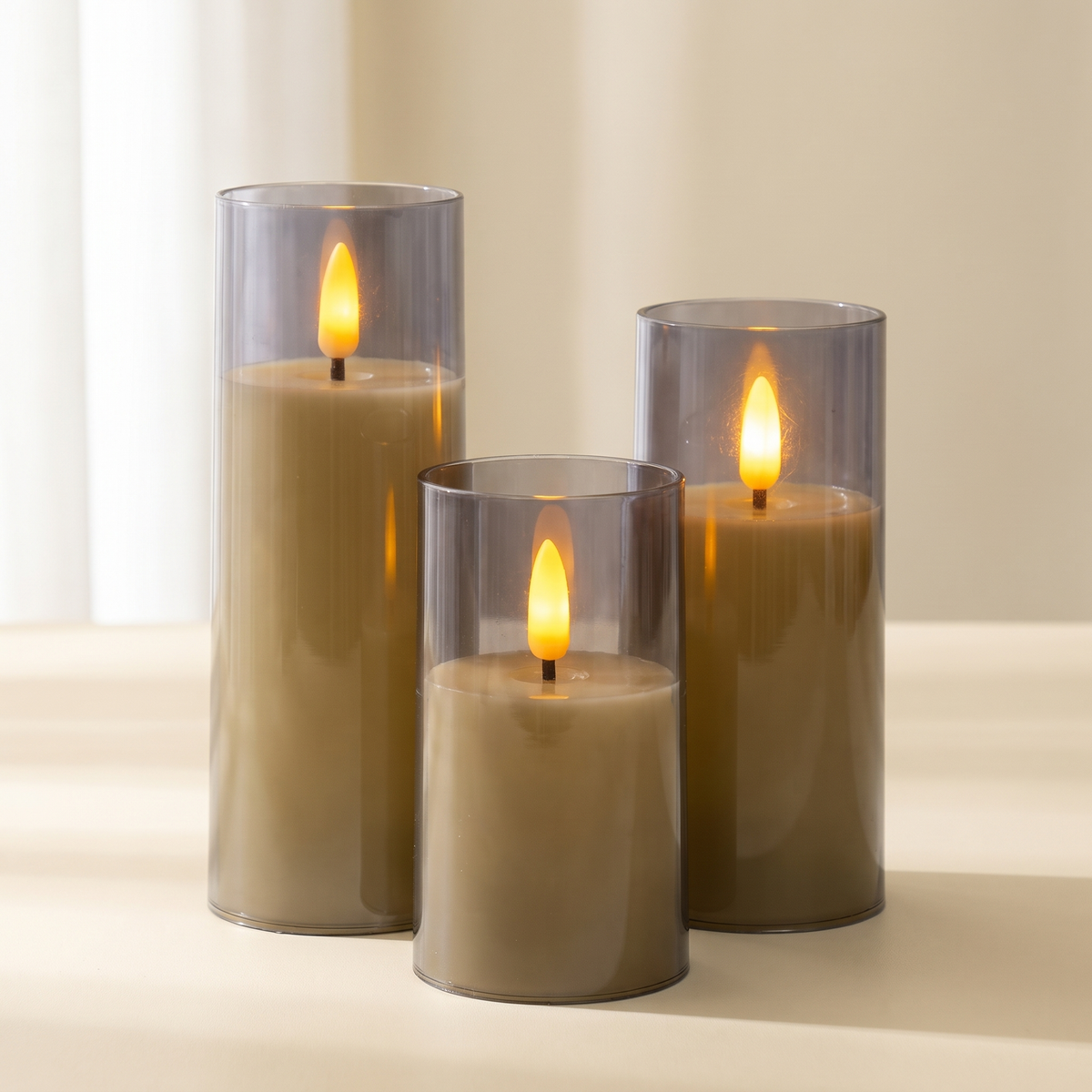 Clear Acrylic Flameless Candles, Set of 3 — Gray, with Remote