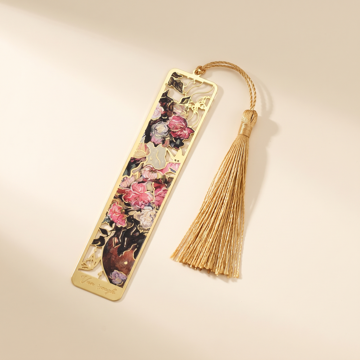 Painted Brass Bookmark with Tassel — Pink Rose